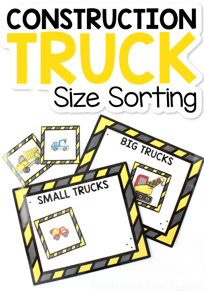 Printable Construction Truck Size Sorting Mats with Sorting Cards