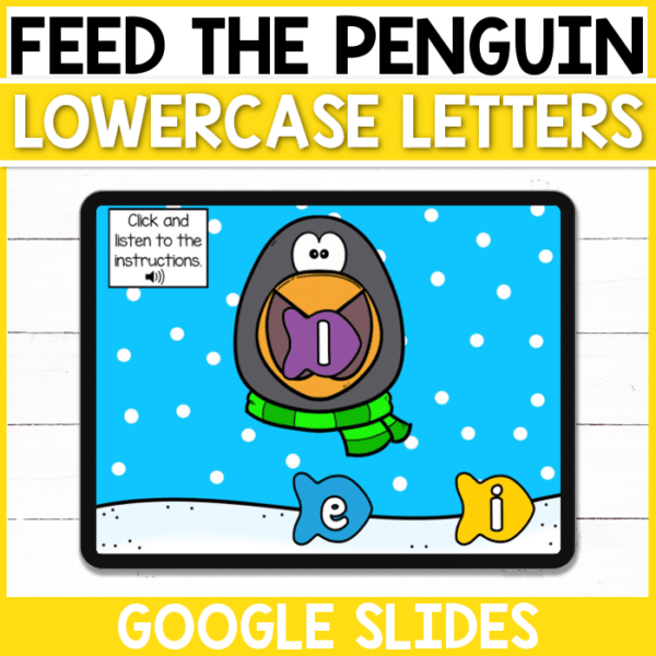 Work on the lowercase letters of the alphabet while feeding the hungry penguin with this digital Google Slides activity! Perfect for early finishers in the classroom or for those distance learning at home!
