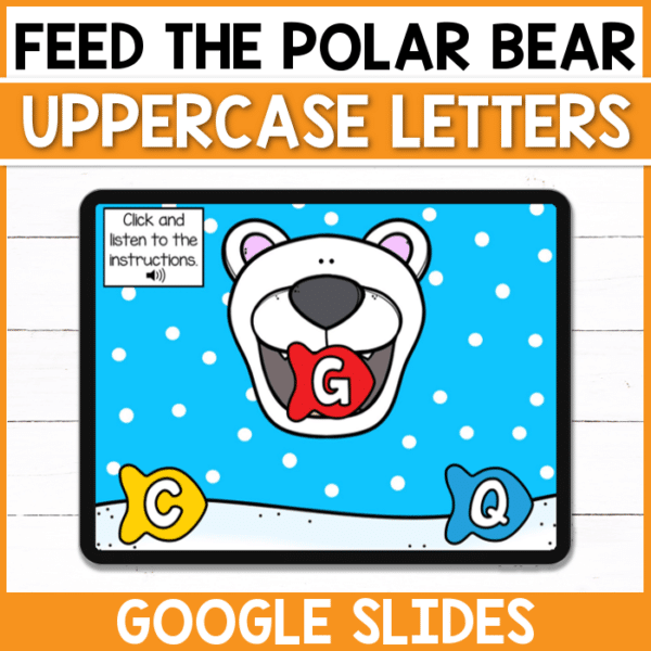 Work on the uppercase letters of the alphabet while feeding the hungry polar bear with this digital Google Slides activity! Perfect for early finishers in the classroom or for those distance learning at home!