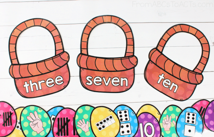 Celebrate Easter while working on number sense with this colorful math center!  #FromABCsToACTs