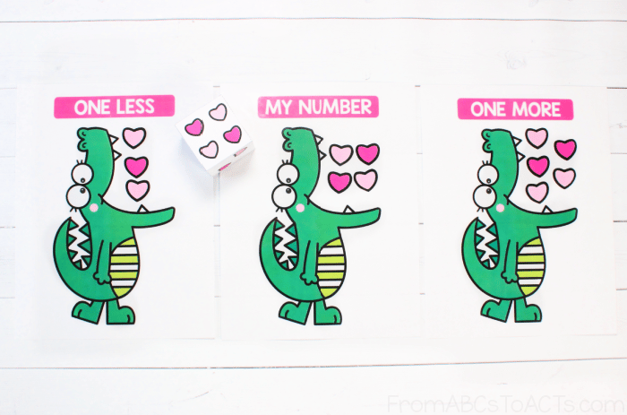 Printable one more one less Valentine counting activity