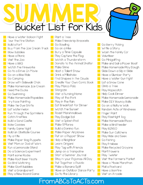 100+ Fun Ideas for a Summer Bucket List for Kids - From ABCs to ACTs