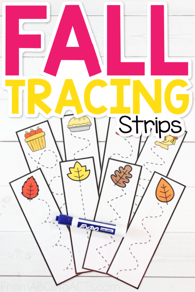 Looking for a fun, fall themed activity that works on fine motor skills, pencil grasp, and hand-eye coordination that requires very little prep on your part?  These fall tracing strips for preschoolers are perfect!